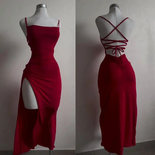 Pretty Sheath Spaghetti Straps Tea Length Backless Red Prom Dresses SD1355