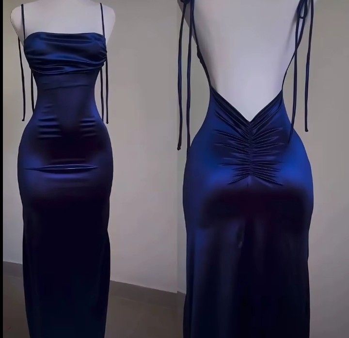 Pretty Sheath Spaghetti Straps Floor Length Ruffles Royal Blue Prom Dresses SD1357