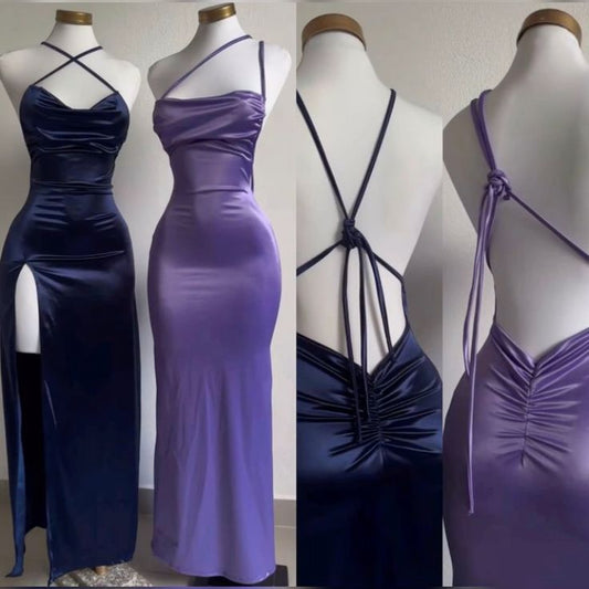 Pretty Sheath Spaghetti Straps Floor Length Sequin Satin Backless Prom Dresses SD1358