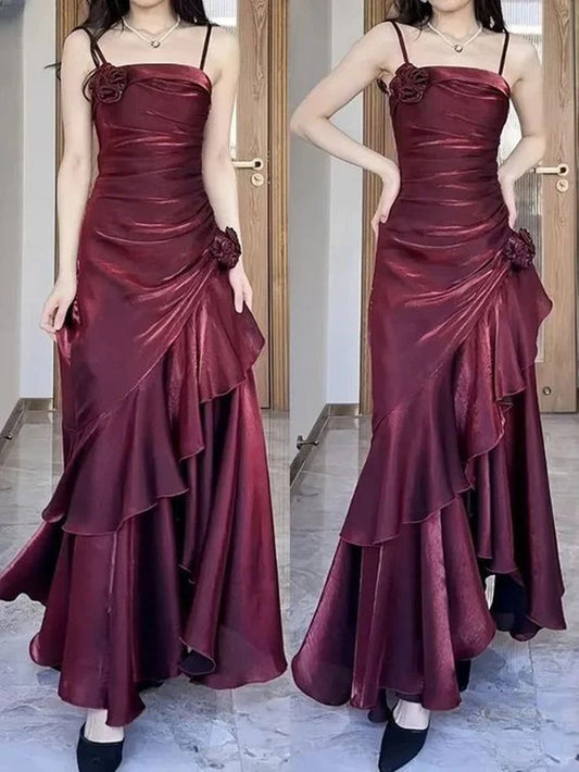 Wine Red Satin Long Straps Prom Dress Wine Red A-line Party Dress SD1360