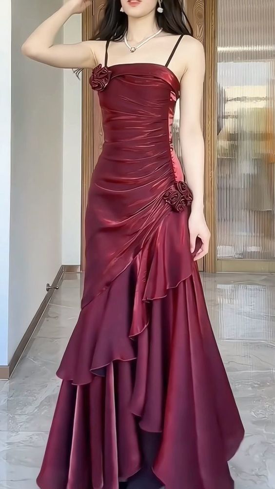 Wine Red Satin Long Straps Prom Dress Wine Red A-line Party Dress SD13