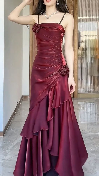 Wine Red Satin Long Straps Prom Dress Wine Red A-line Party Dress SD1360