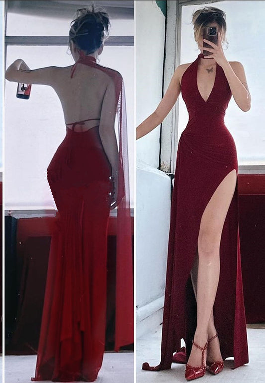 Pretty Mermaid V Neckline Red Chiffon Backless Long Prom Dresses Party Dress SD1367