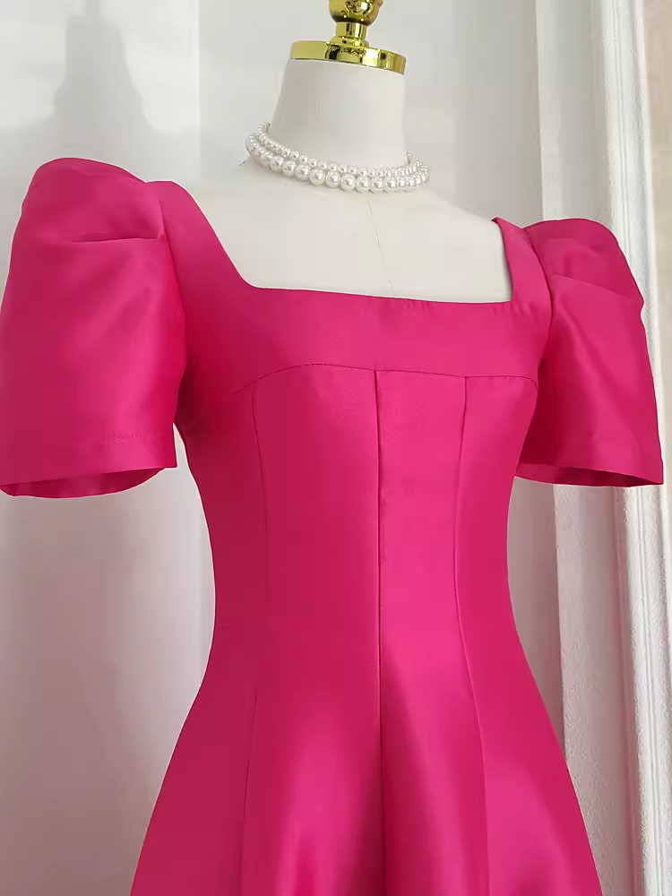 Cute A line Square Neckline Hot Pink Vacation Dress Satin Women Dresses SD136