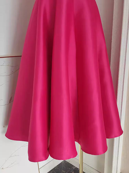 Cute A line Square Neckline Hot Pink Vacation Dress Satin Women Dresses SD136