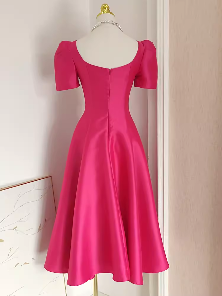 Cute A line Square Neckline Hot Pink Vacation Dress Satin Women Dresses SD136