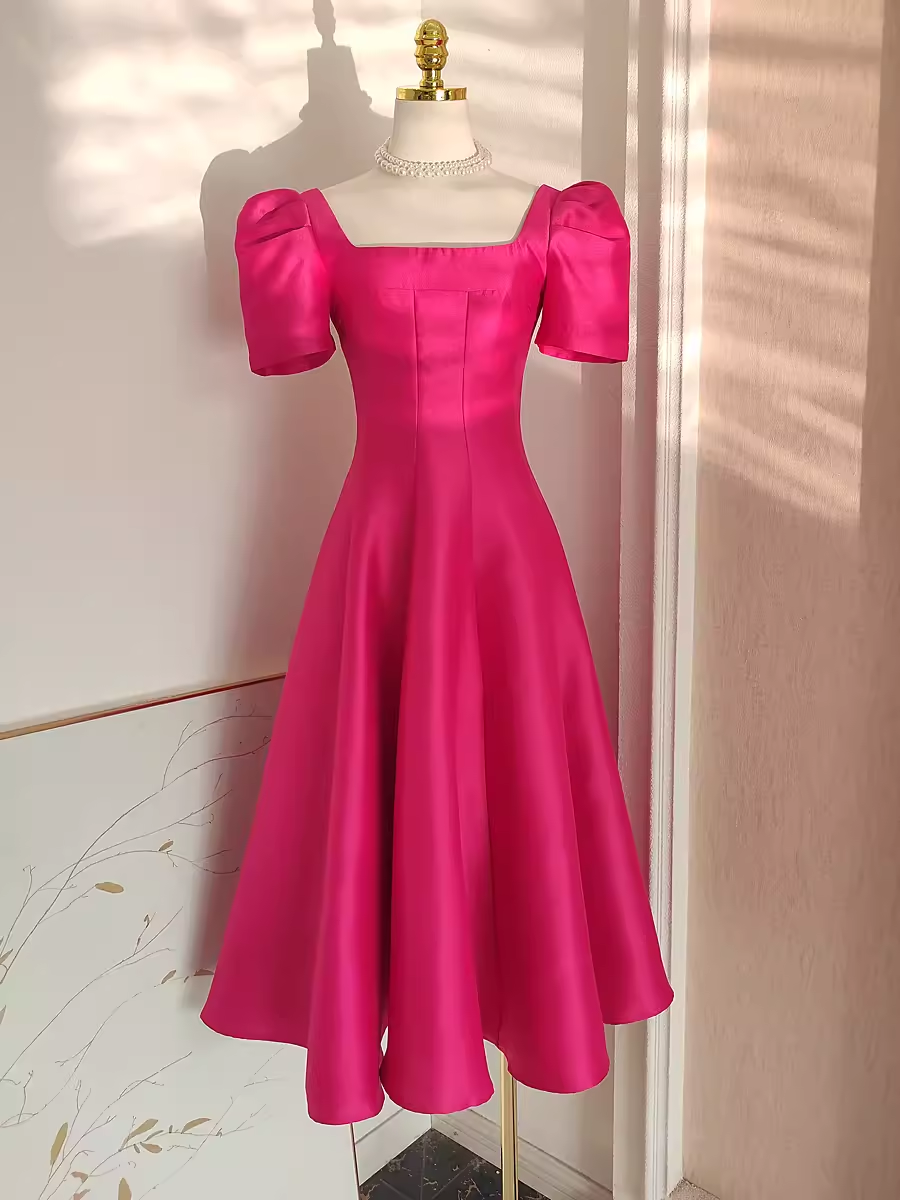 Cute A line Square Neckline Hot Pink Vacation Dress Satin Women Dresses SD136