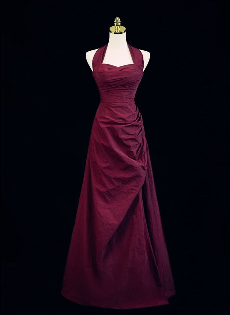 Burgundy A-line Halter Vintage Style Prom Dresses Long Evening Dress SD1373