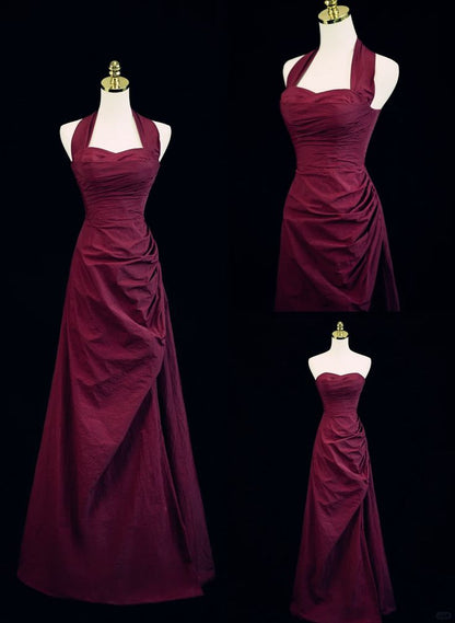 Burgundy A-line Halter Vintage Style Prom Dresses Long Evening Dress SD1373