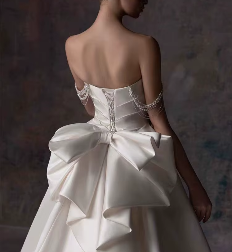 White Wedding Dress Mermaid Straps Satin Sleeves Bridal Gown With Pearls main image 1