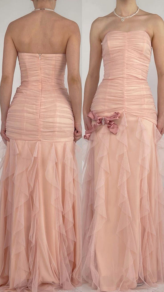 Pretty Sheath Strapless Pink Floor Length Backless Tulle Prom Dresses SD1378