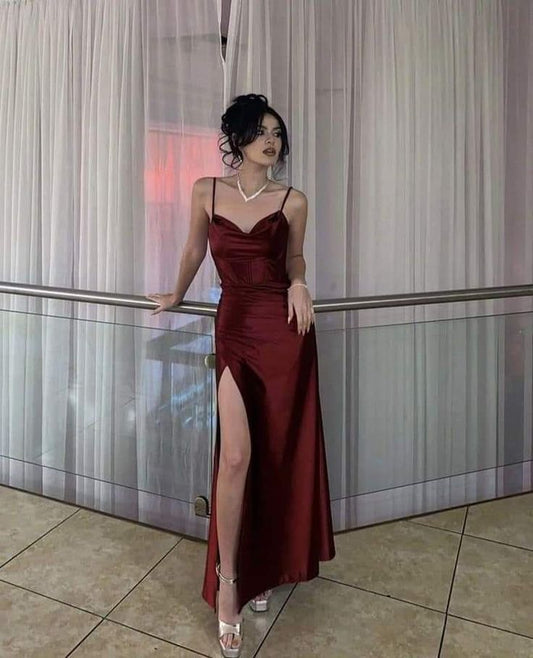 Retro Sheath Spaghetti Straps Burgundy Satin Long Party Dress Prom Dresses SD1381