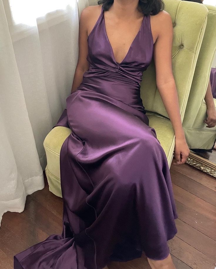 Simple A-Line V Neckline Grape Satin Long Prom Dresses Formal Evening Dress SD1389