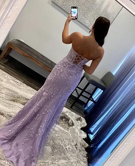 Retro Mermaid Sweetheart Lilac Lace Backless Long Party Dress Prom Dresses SD1396