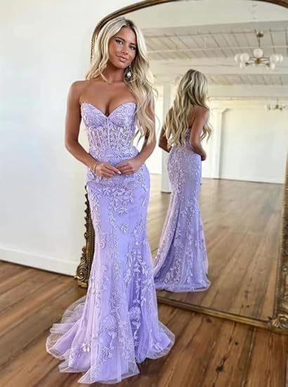 Retro Mermaid Sweetheart Lilac Lace Backless Long Party Dress Prom Dresses SD1396