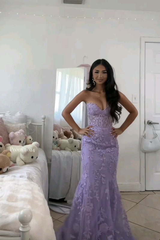 Retro Mermaid Sweetheart Lilac Lace Backless Long Party Dress Prom Dresses SD1396