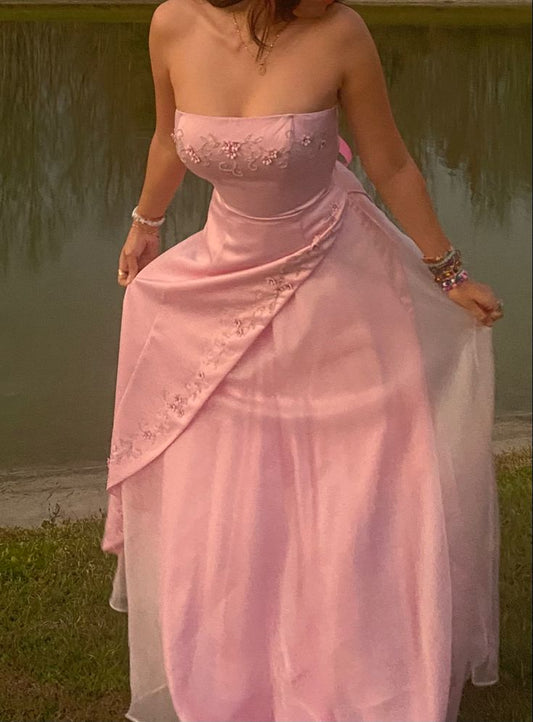 Retro A Line Strapless Pink Chiffon Long Party Dress Prom Dresses SD1397