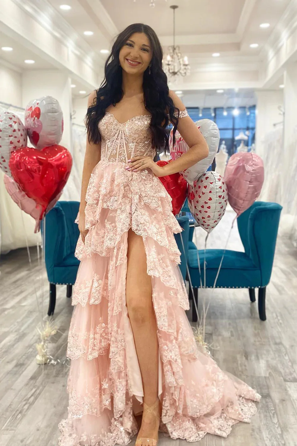 Pretty A-Line Off The Shoulder Pink Lace Slit Long Prom Dresses Formal Evening Dress SD1398