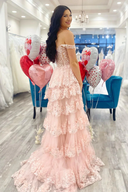 Pretty A-Line Off The Shoulder Pink Lace Slit Long Prom Dresses Formal Evening Dress SD1398