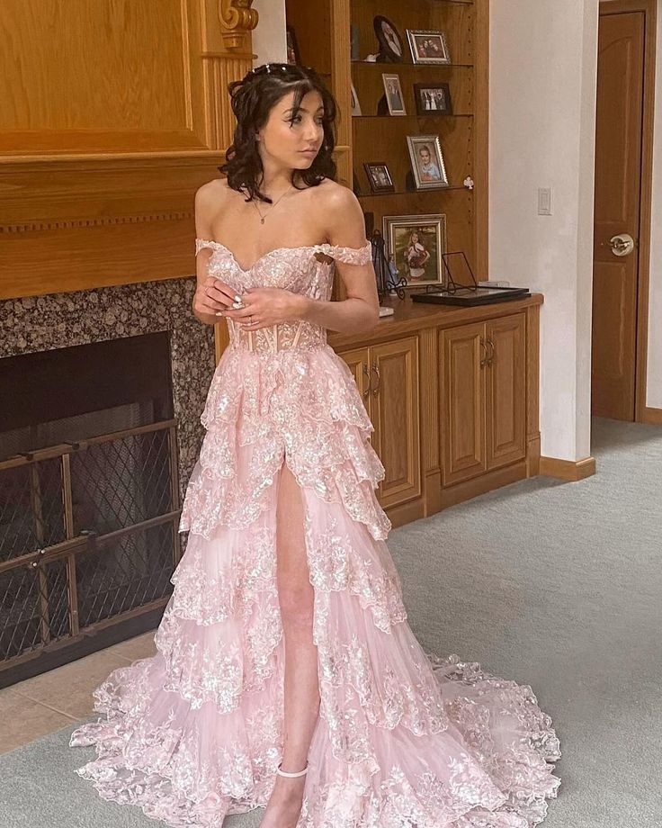 Pretty A-Line Off The Shoulder Pink Lace Slit Long Prom Dresses Formal Evening Dress SD1398