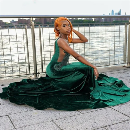 Pretty Mermaid V Neckline Green Velvet Silver Beads Long Prom Dresses Formal Evening Dress SD1402