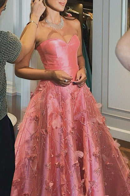 Pretty Ball Gown Sweetheart Pink Satin Floral Long Prom Dresses Formal Evening Dress SD1404