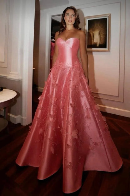 Pretty Ball Gown Sweetheart Pink Satin Floral Long Prom Dresses Formal Evening Dress SD1404