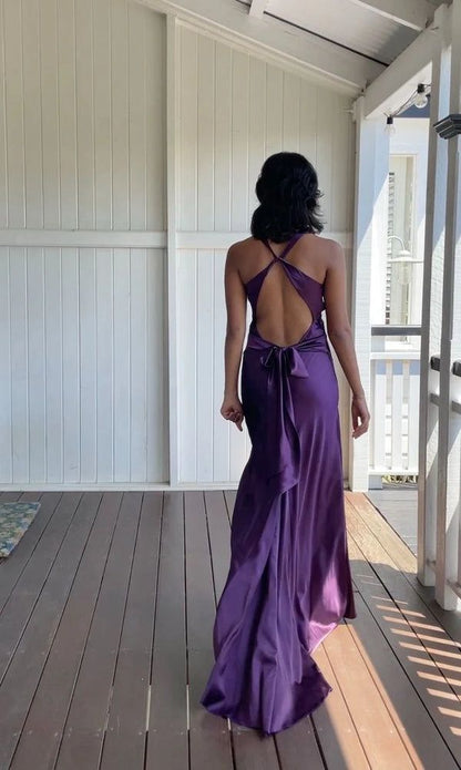 V-neck purple satin and floor length prom dresses evening gown SD1406