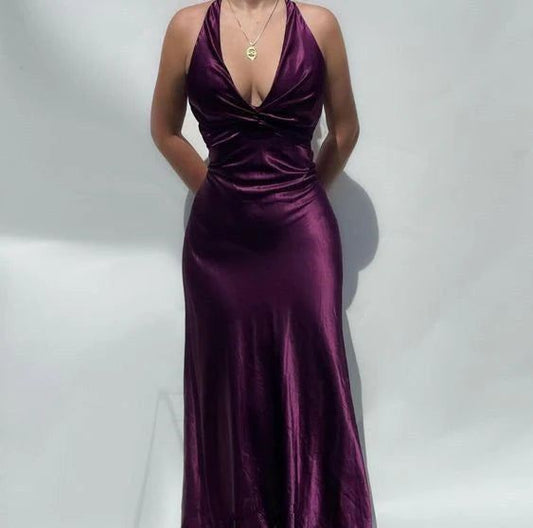 V-neck purple satin and floor length prom dresses evening gown SD1406