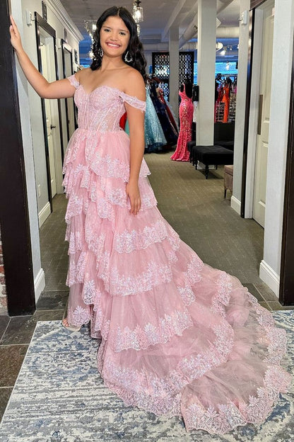 Pretty A-Line Off The Shoulder Pink Lace Slit Long Prom Dresses Formal Evening Dress SD1414