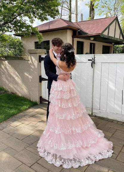 Pretty A-Line Off The Shoulder Pink Lace Slit Long Prom Dresses Formal Evening Dress SD1414