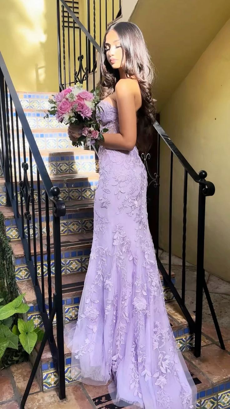 Elegant Mermaid Sleeveless Lace Lilac Evening Prom Dresses Long Prom Dresses SD1420