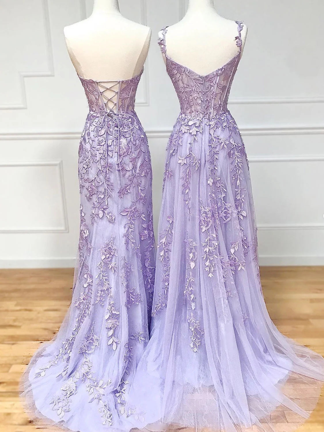 Elegant Mermaid Sleeveless Lace Lilac Evening Prom Dresses Long Prom Dresses SD1420