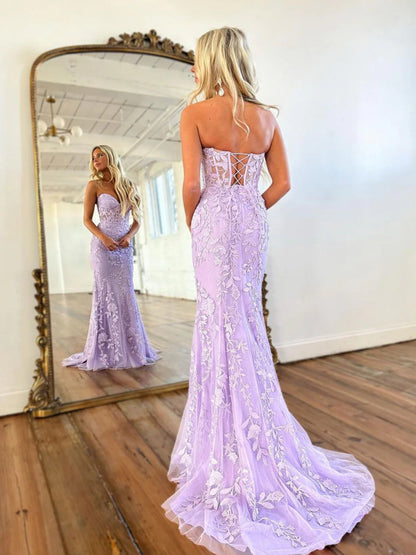 Elegant Mermaid Sleeveless Lace Lilac Evening Prom Dresses Long Prom Dresses SD1420