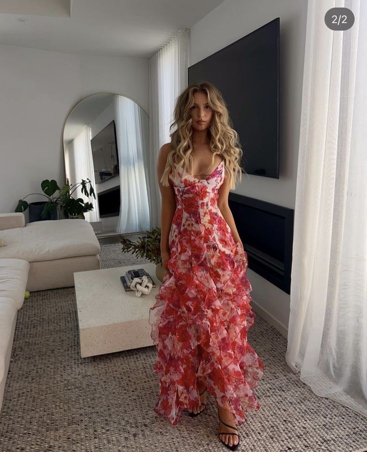 Pretty A Line Spaghetti Straps Floral Red Sleeveless Ruffles Evening P ...