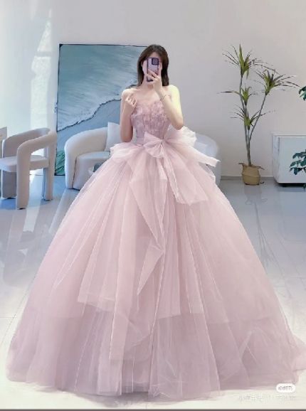 Classy Ball Gown Strapless Sleeveless Tulle Pink Evening Prom Dresses SD1422