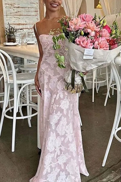 Pretty A Line Spaghetti Straps Floral Pink Lace Sleeveless Evening Prom Dresses SD1423