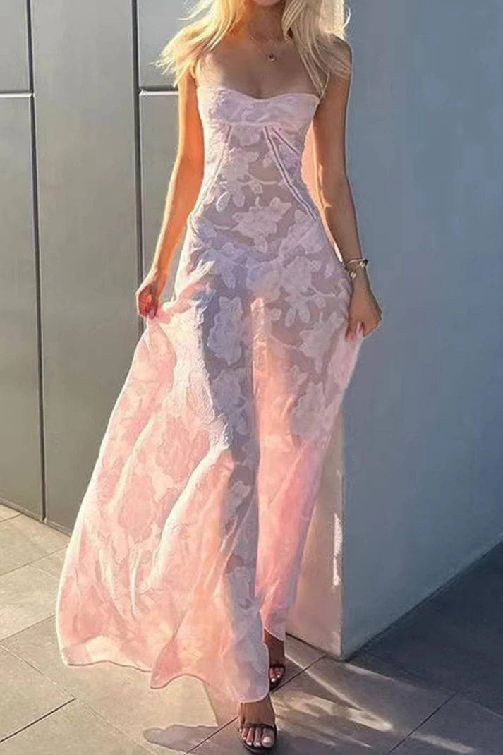 Pretty A Line Spaghetti Straps Floral Pink Lace Sleeveless Evening Prom Dresses SD1423