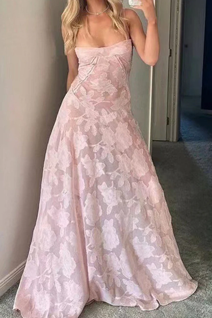 Pretty A Line Spaghetti Straps Floral Pink Lace Sleeveless Evening Prom Dresses SD1423