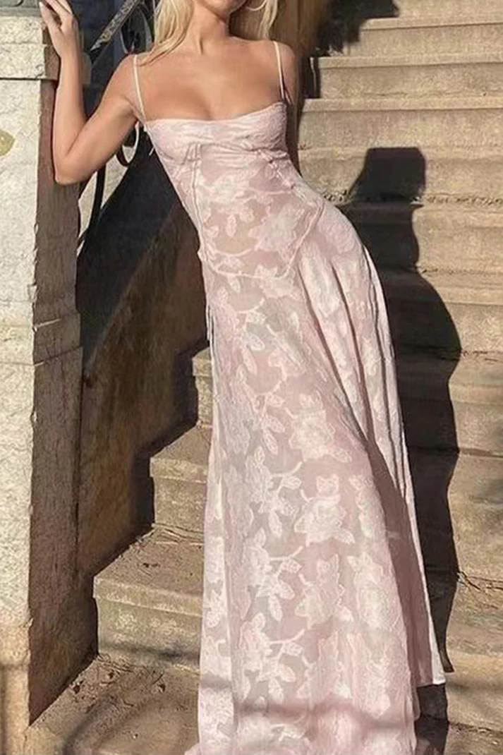 Pretty A Line Spaghetti Straps Floral Pink Lace Sleeveless Evening Prom Dresses SD1423