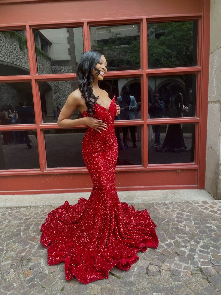 Sexy Mermaid Sweetheart Neckline Sequin Black Girl Red Evening Gown Prom Dresses SD1430