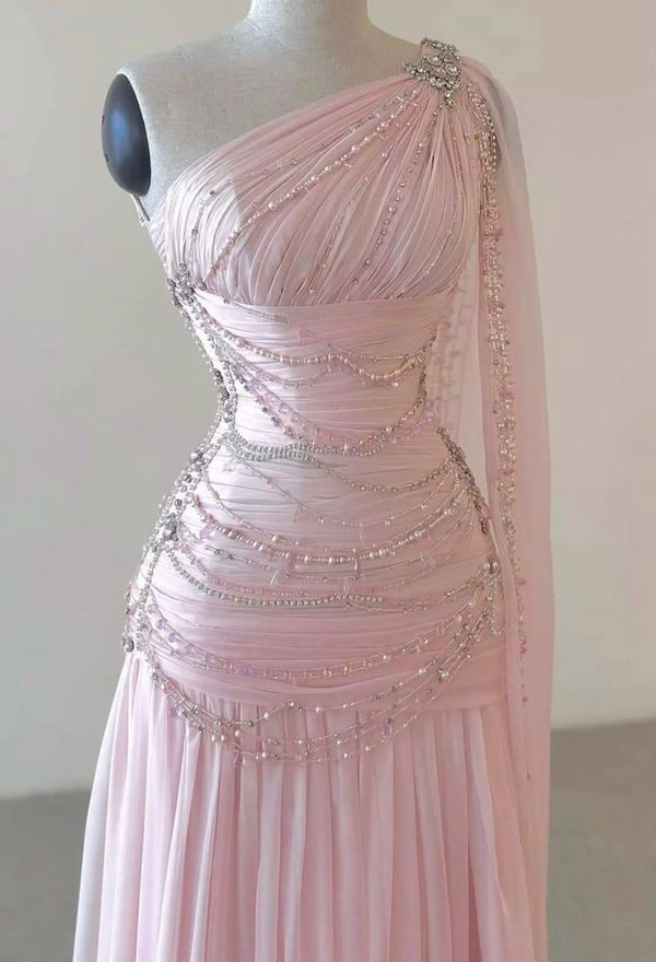 Beautiful Pink One Shoulder Chiffon Sleeveless Evening Dresses A-Line Long With Pleats