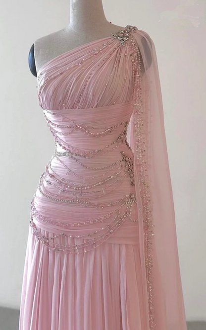 Classy A Line One Shoulder Pink Chiffon Evening Gown Prom Dresses SD1435