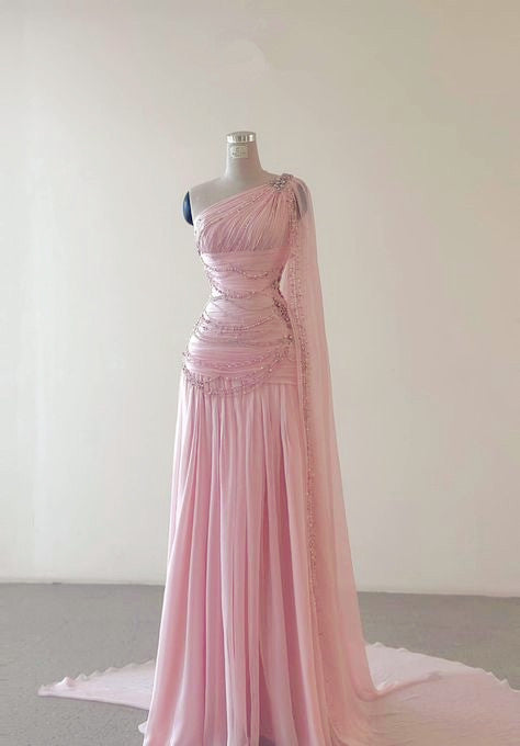 Classy A Line One Shoulder Pink Chiffon Evening Gown Prom Dresses SD1435