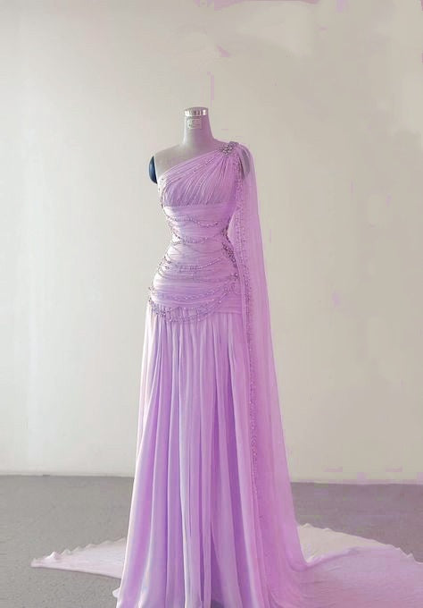 Classy Sheath One Shoulder Pink Long Chiffon Evening Gown Prom Dresses SD2314