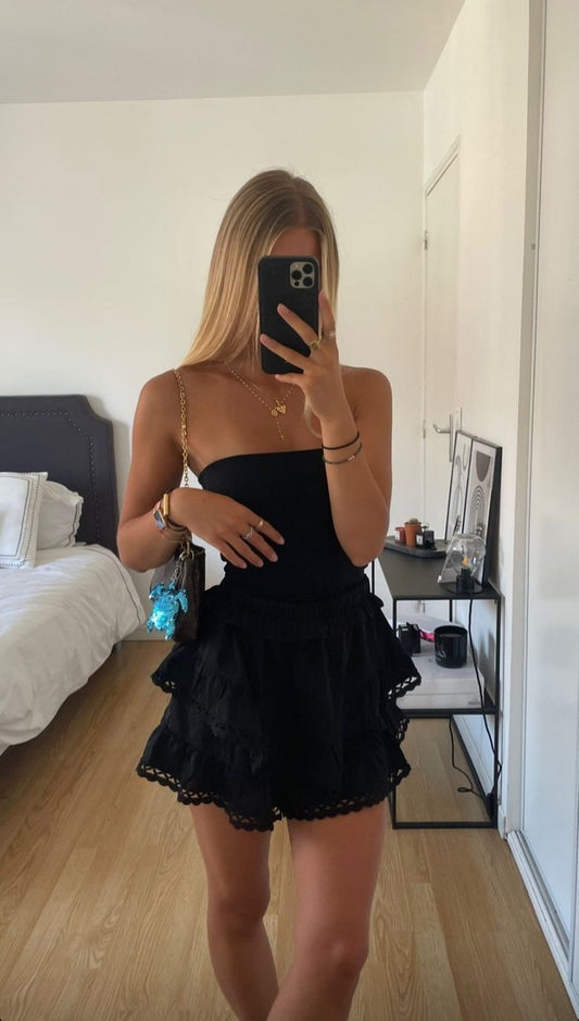 Vintage A line Strapless Layered Ruffle Mini Dresses Black Homecoming Dress 16th Birthday Dresses SD1436