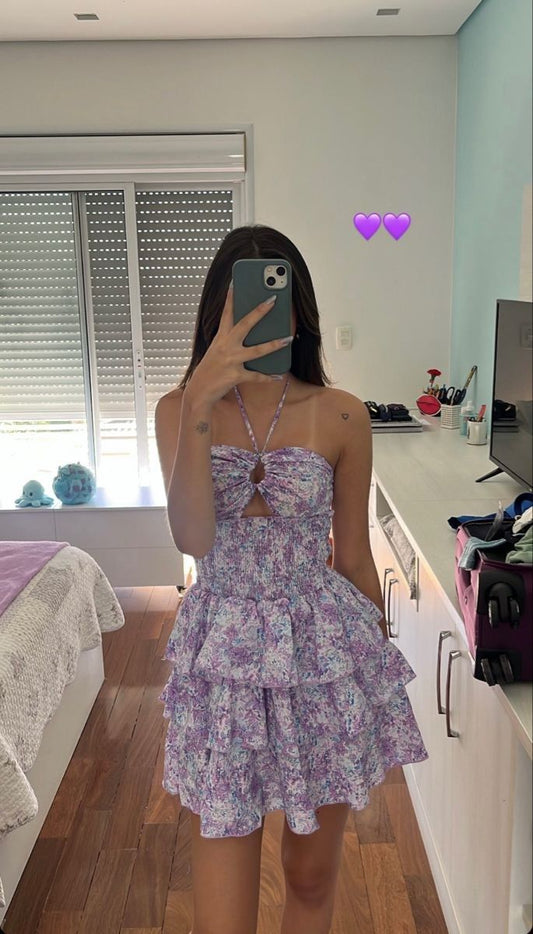 Vintage A line Halter Floral Lilac Mini Dresses Satin Homecoming Dress 18th Birthday Dresses SD1441