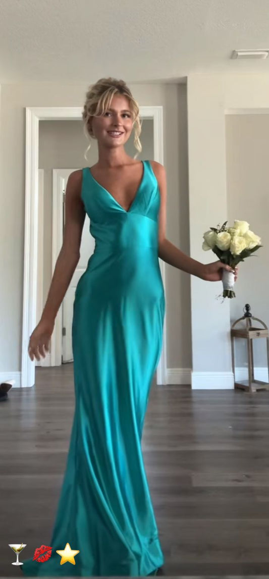 Classy A line V Neckline Blue Satin Sleeveless Long Prom Dresses SD1444