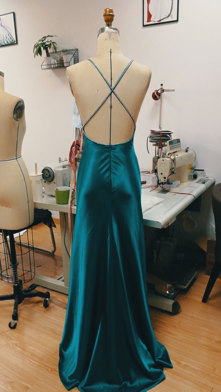 Classy Teal Blue Satin V-neck Formal Prom Party Dress with Slit SD1445