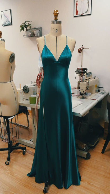 Classy Teal Blue Satin V-neck Formal Prom Party Dress with Slit SD1445